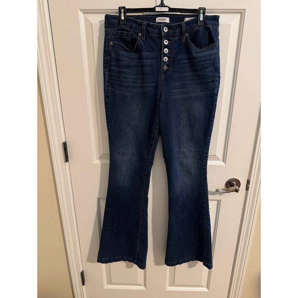 Delaluz High Rise Flare 5 button jeans feathered blue wash size 12